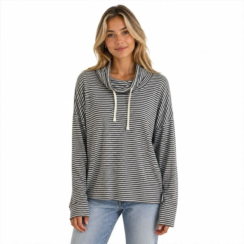 Lucky Brand Sweater Womens Large Gray Striped Cowl Neck Drawstring Knit Pullover
